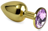 Золотистая анальная пробка с сиреневым кристаллом - 7,5 см.