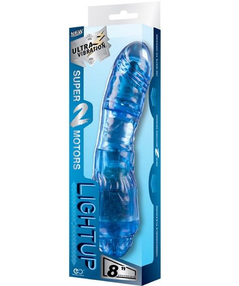 Синий вибратор LIGHT UP с 2 моторами - 20 см.