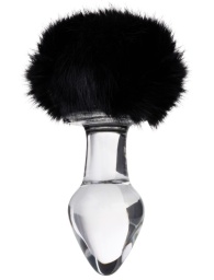 Стеклянная анальная втулка с черным хвостиком - 13,5 см.