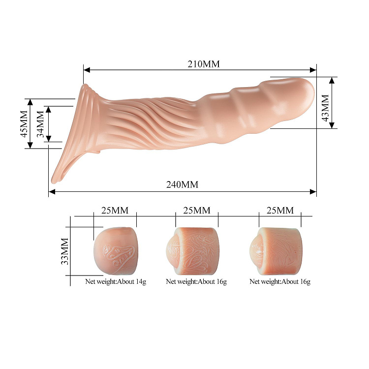 Телесная насадка на пенис с тремя вкладышами-удлинителями - 24 см.