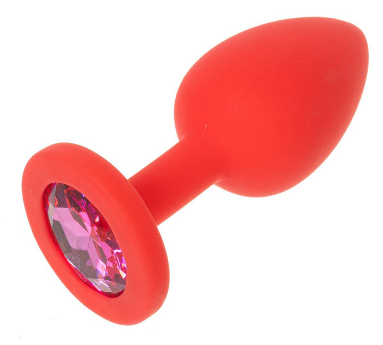 Красная силиконовая анальная пробка с лиловым кристаллом - 7,3 см.
