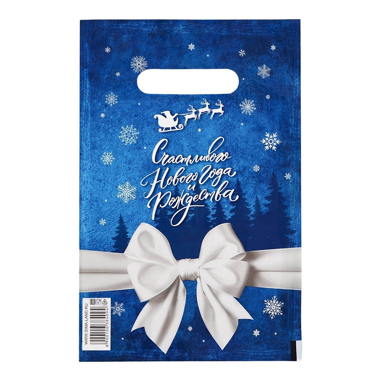 Сине-белый подарочный новогодний пакет с вырубной ручкой (20х30 см)