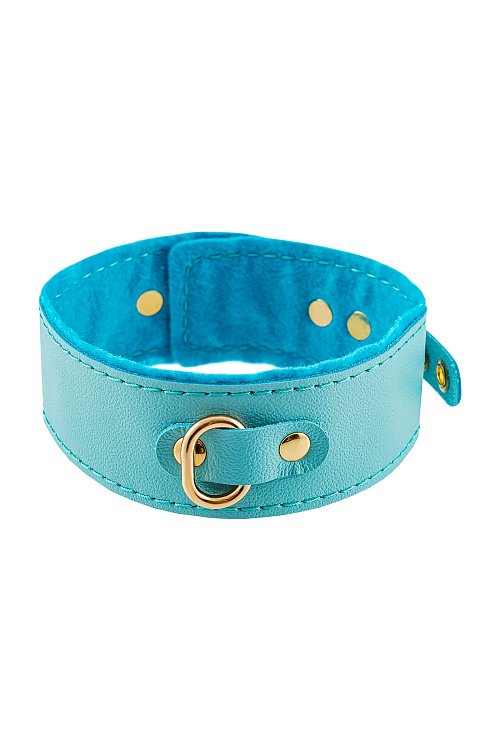 Голубой двуслойный кожаный ошейник с подкладкой из фетра