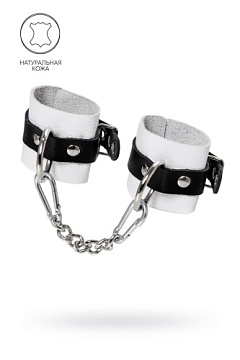 Бело-черные кожаные наручники с одним ремешком с люверсами