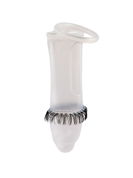 Закрытая насадка на пенис с подхватом мошонки и стимулирующими «ресничками»