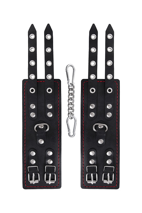 Черные кожаные наручники с двумя ремнями и контрастной строчкой