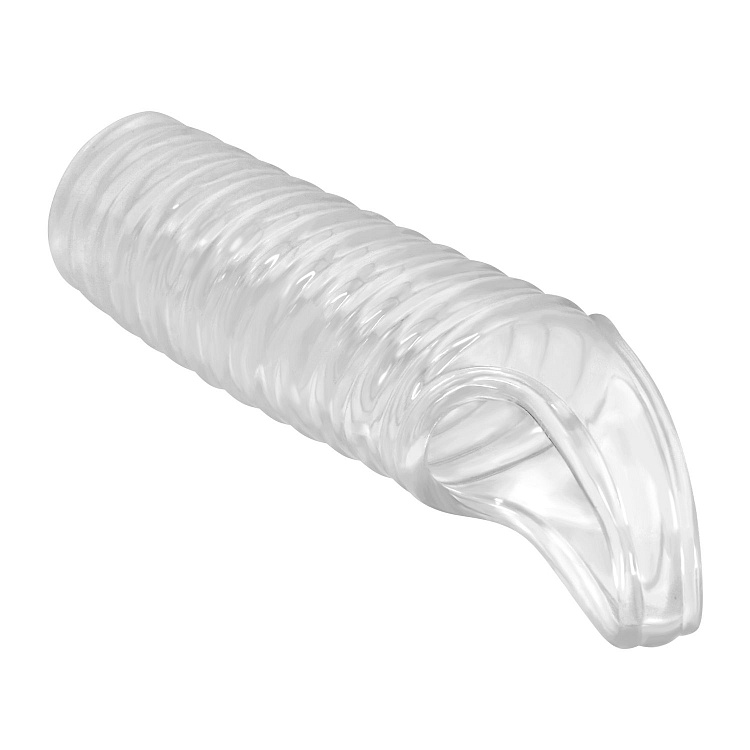 Прозрачная насадка на пенис с ребрышками и подхватом мошонки