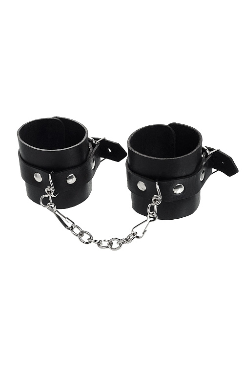 Черные однослойные наручники из натуральной кожи с цепочкой