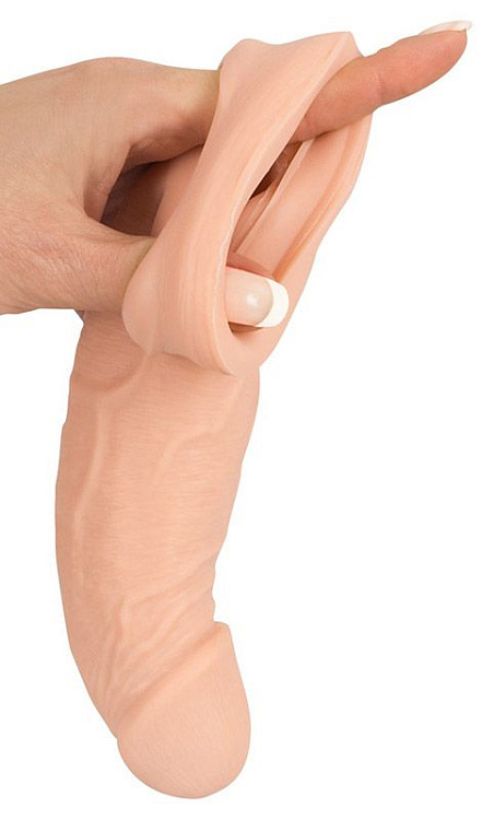 Телесная насадка-удлинитель с фиксацией мошонки - 21 см.
