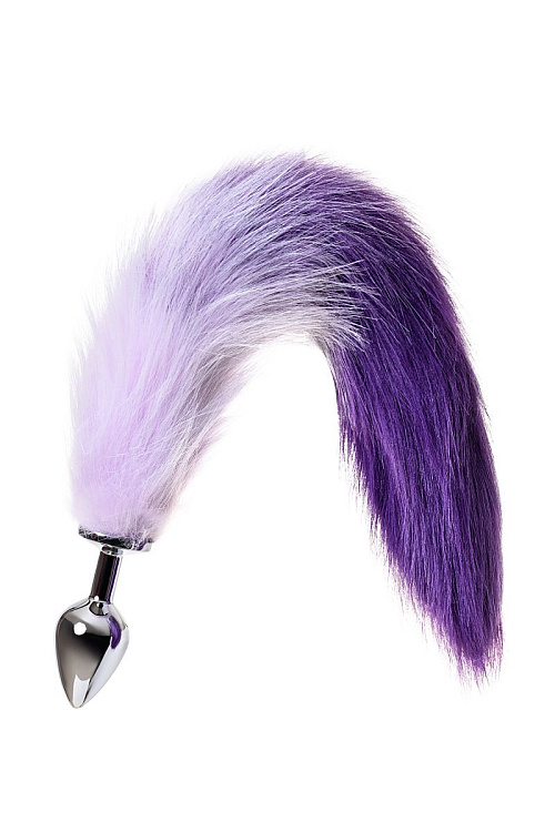 Серебристая металлическая анальная втулка с фиолетово-белым хвостом - размер M