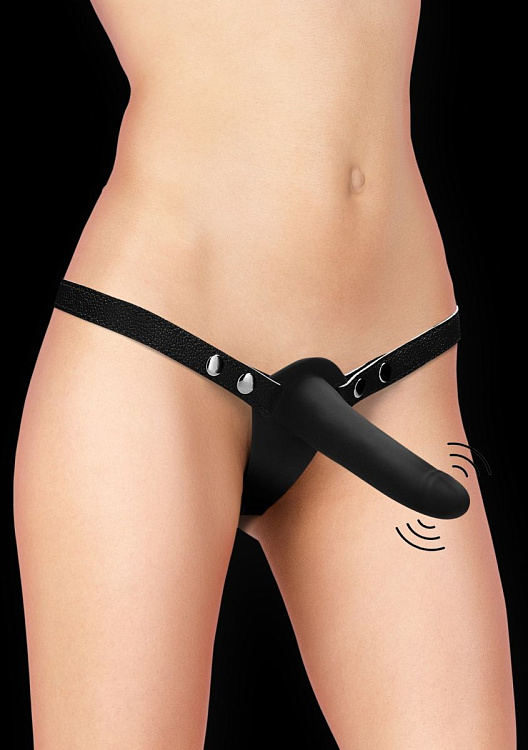 Черный вибрострапон Silicone Strap-On Adjustable - 15,5 см.