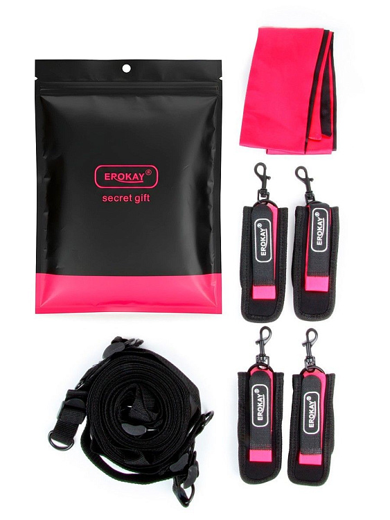 Черно-розовый эротический набор: фиксатор, оковы, наручники, повязка