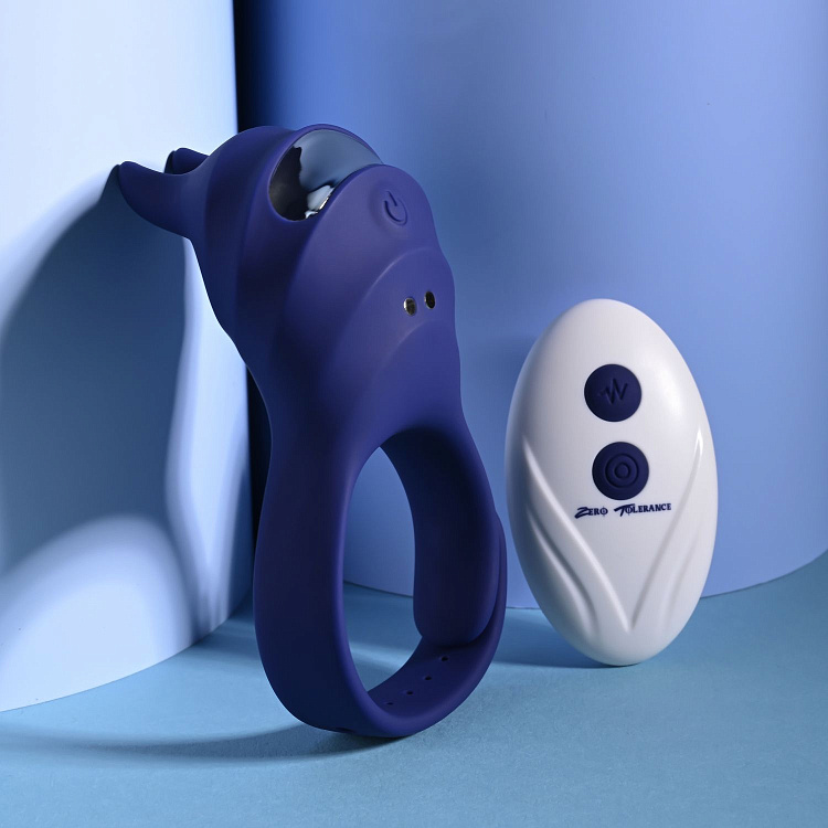 Синее эрекционное виброкольцо с клиторальной подушечкой и пультом ДУ Adjustable Fun Ring