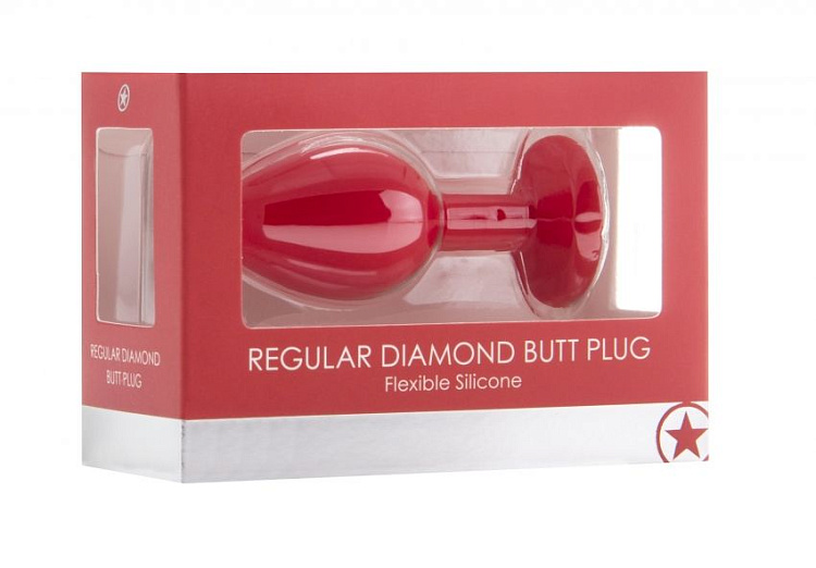 Красная анальная пробка OUCH! Regular Diamond Butt Plug с прозрачным кристаллом - 7,3 см.