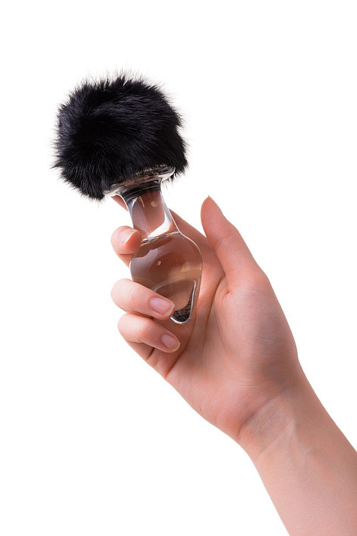 Стеклянная анальная втулка с черным хвостиком - 13,5 см.