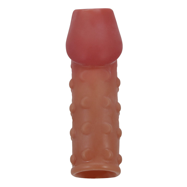Телесная открытая насадка на пенис с бугорками - 19,8 см.