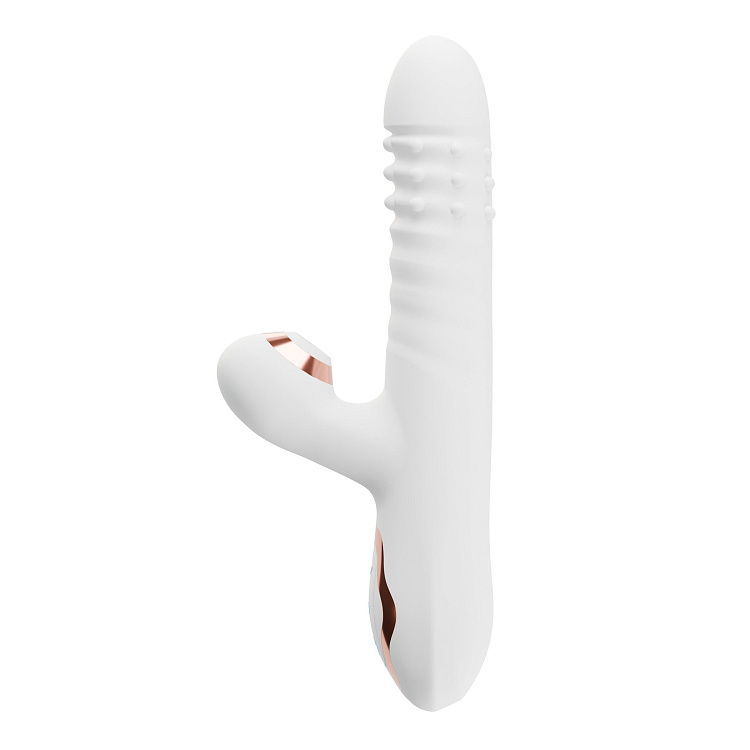 Белый вибратор-кролик с вращающимися шариками и вакуумной стимуляцией