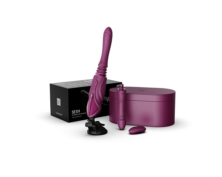 Фиолетовая секс-машина с функцией нагрева, насадками и присоской Sesh