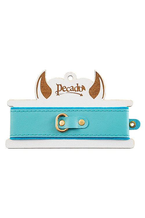 Голубой двуслойный кожаный ошейник с подкладкой из фетра